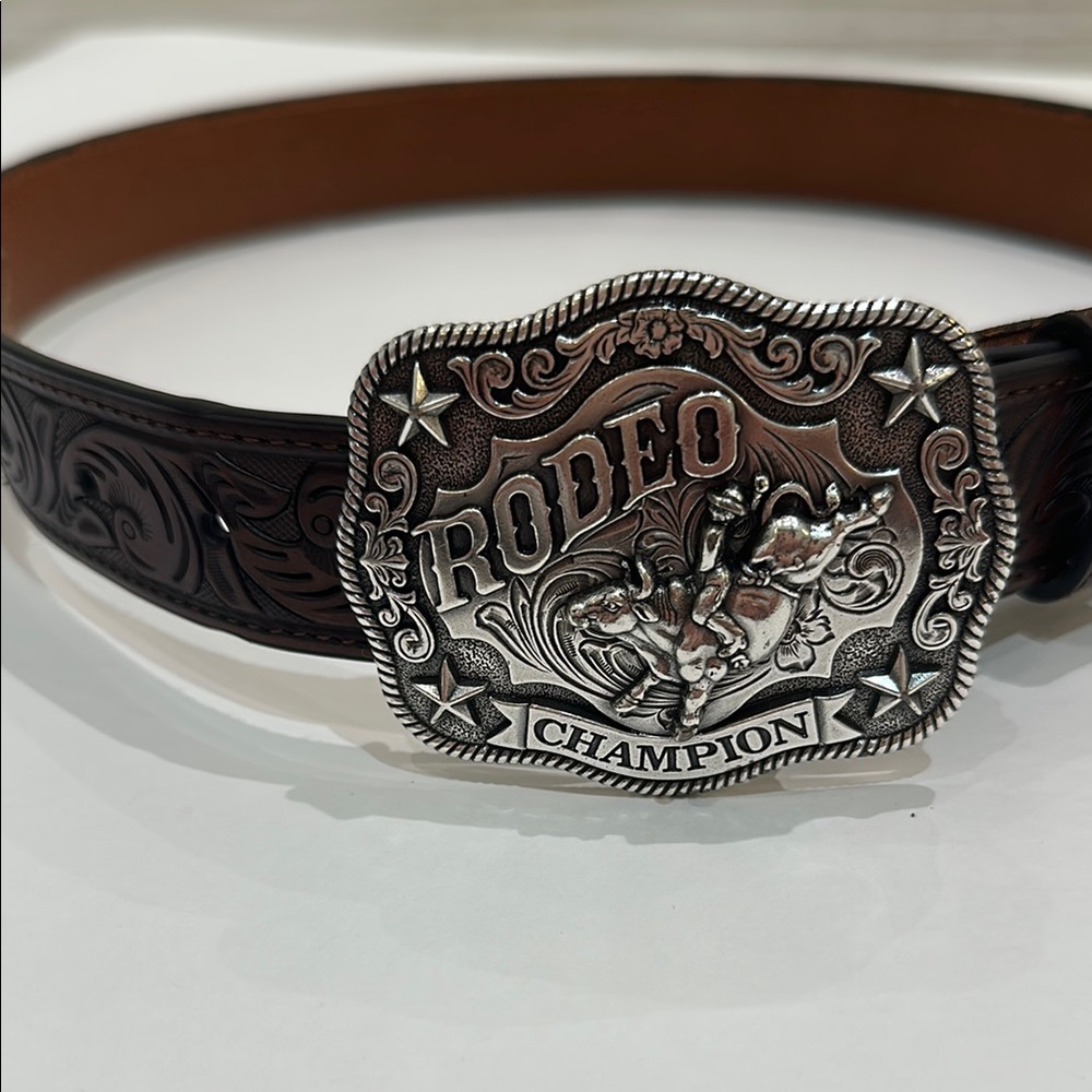 Rodeo Champion Brown Leather Belt with Silver Buckle